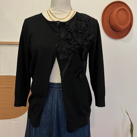 August Silk Black Soft Embellished Floral Detail Button Front Cardigan Sweater - Picture 1 of 12